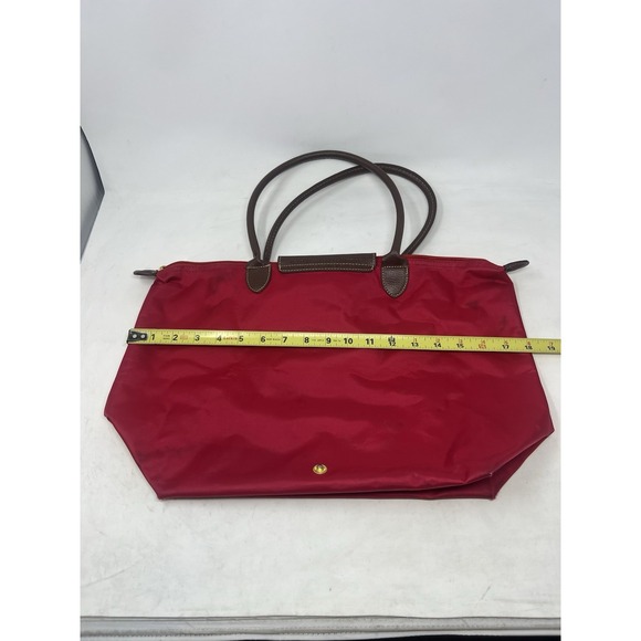 LONGCHAMP Le Pliage Large Red Nylon Packable Tote Bag Purse Leather Top Handle - Picture 10 of 11